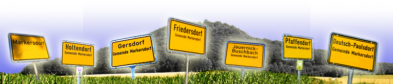 Bilder von den Ortsschildern der 7 Orte, im Hintergrund die Landeskrone